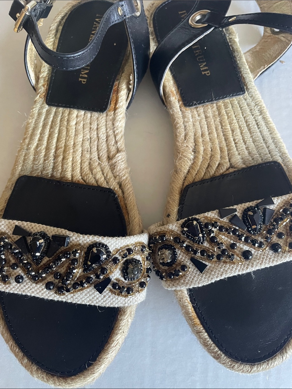 Ivanka Trump Black & Natural Beaded Espadrille Sandals - Women Size 10 - Picture 3 of 7